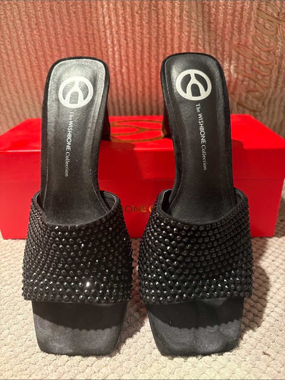 The Wishbone Collection Black Crystal Embellished Mule Heels